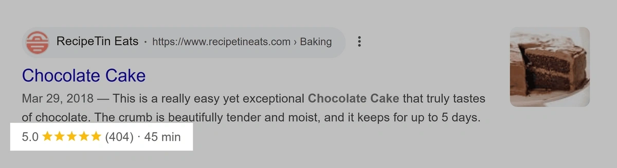 Rich Snippets showing a rating and cook time for a chocolate chip cookie recipe.
