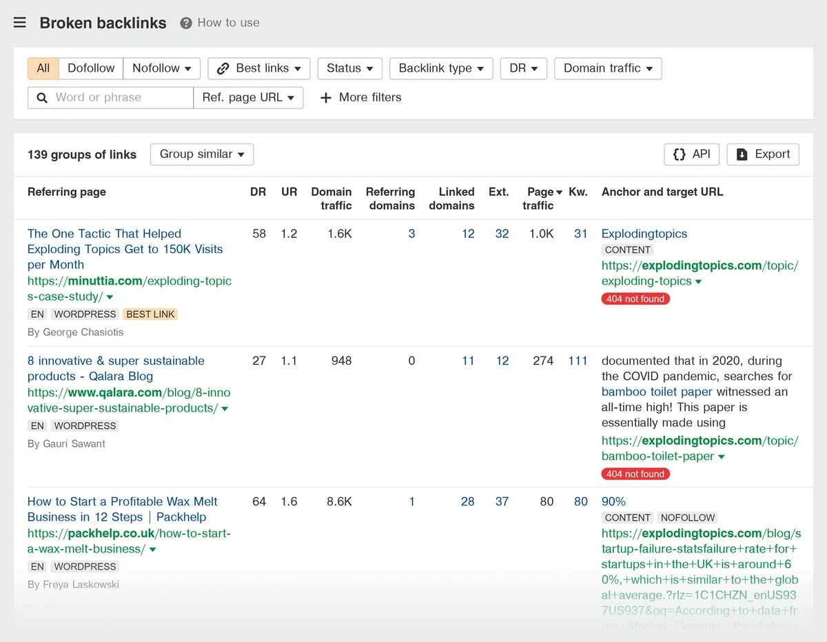 Brokem backlinks report for an example domain