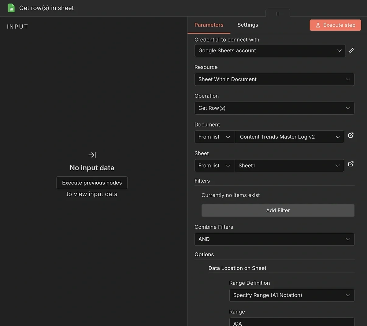 Parameters for Google Sheets node in n8n