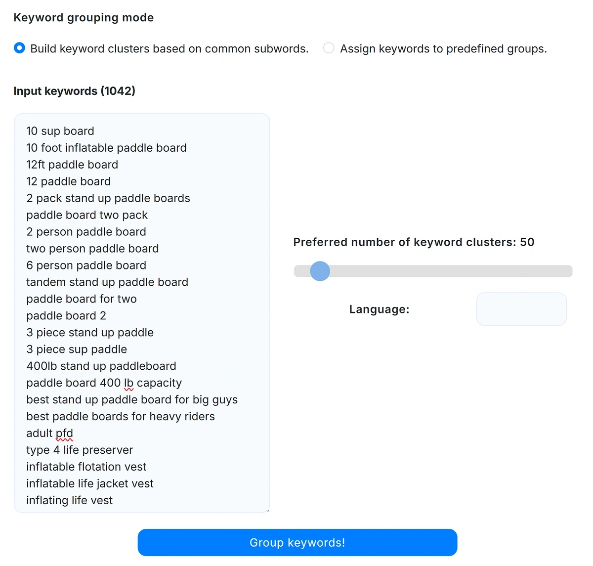 Keyword clustering in Contadu based on common subwords