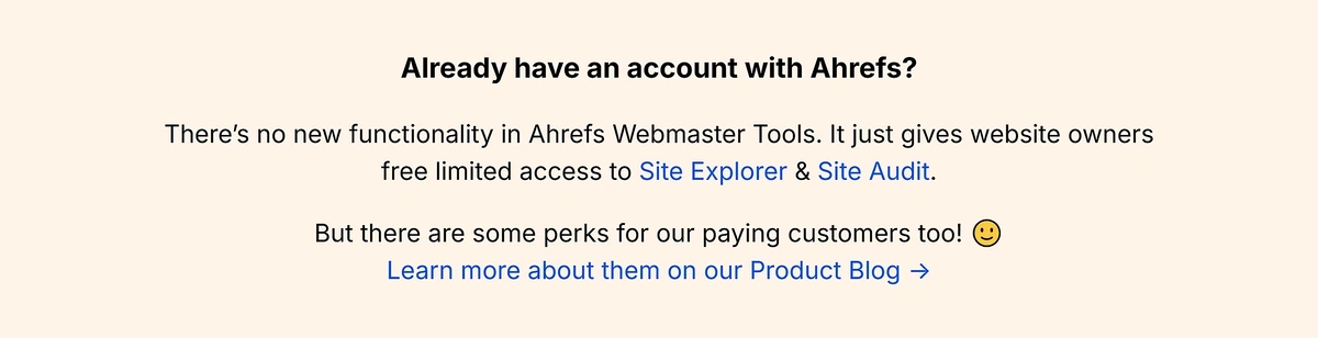 Ahrefs Webmaster Tools homepage