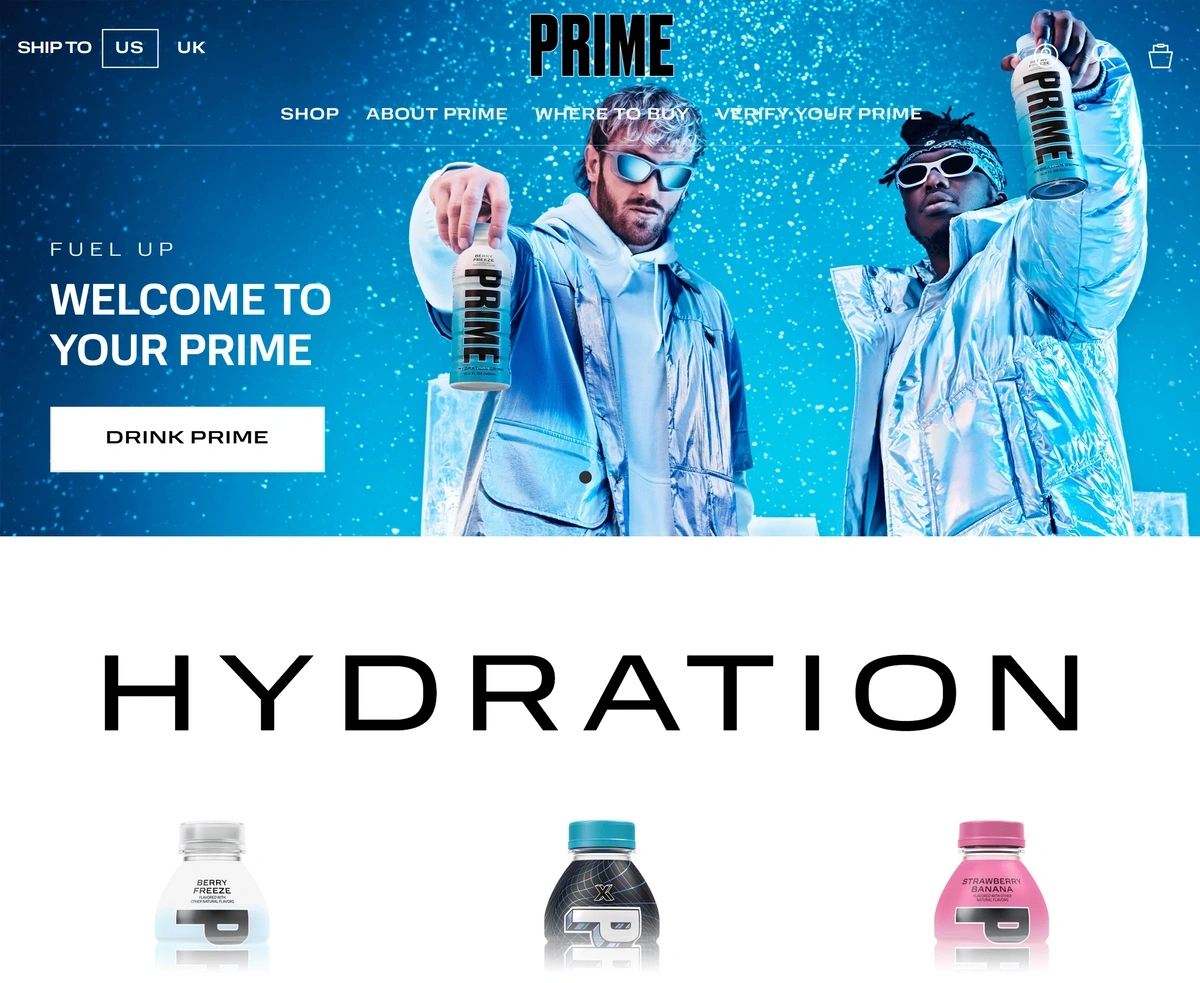 Screenshot of the Prime Drinks homepage, featuring a large image of KSI and Logan Paul