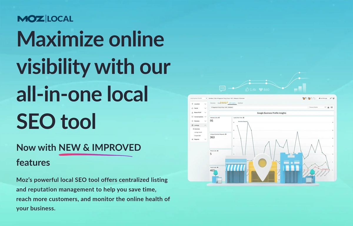 A teal landing page advertising Moz Local features for businesses