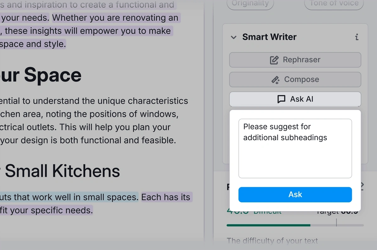 The Semrush Smart Writer generates text that continues on a topic specified by the human writer