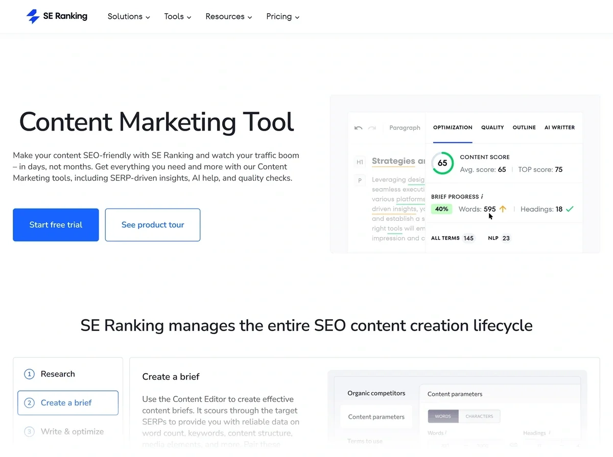 The SE Ranking Content Marketing Tool homepage shows options for manually writing and using AI to generate text.