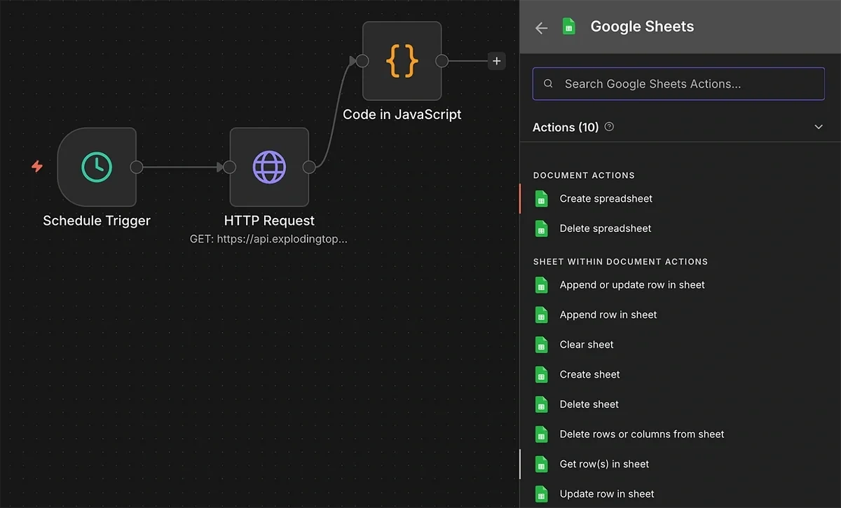 Google sheet node for reading data from a row