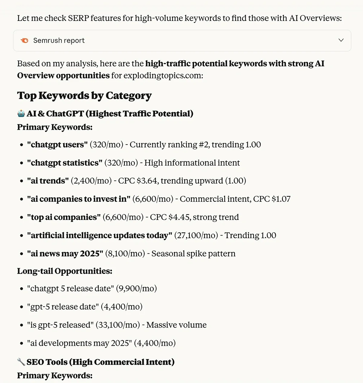 Keywords with AI Overviews for trending queries from the Semrush MCP server