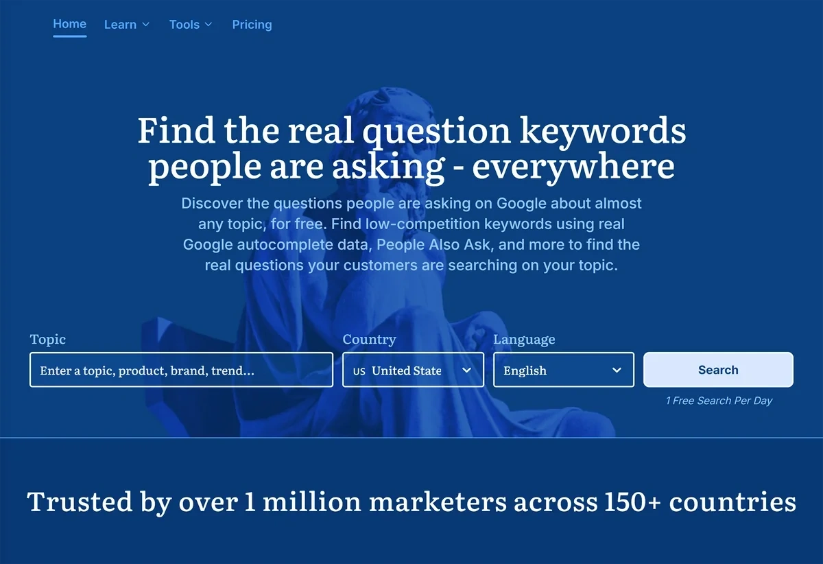 The blue and white Answer Socrates homepage has topic, country, and language search boxes.