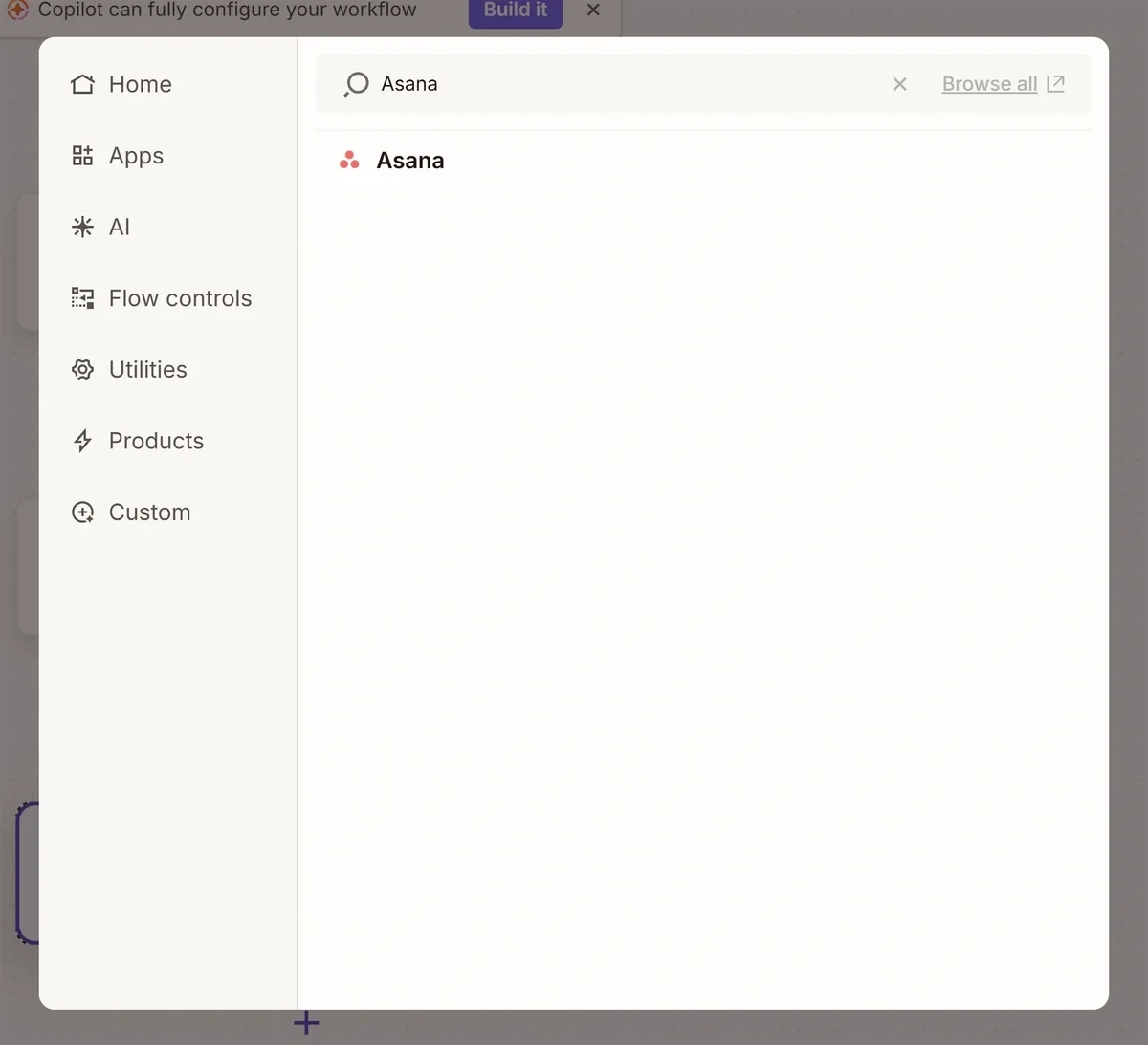 Selecting Asana from the Zapier app library in the workflow builder