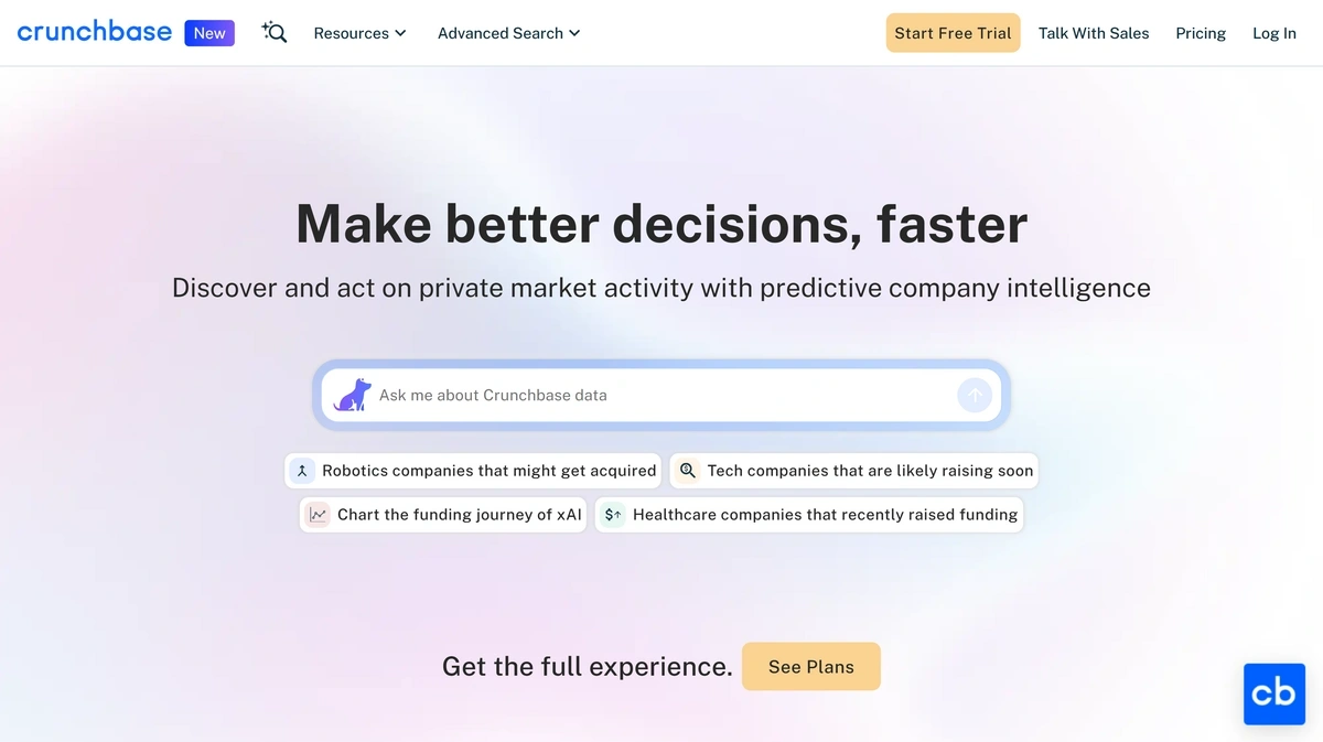 The Crunchbase homepage in 2025