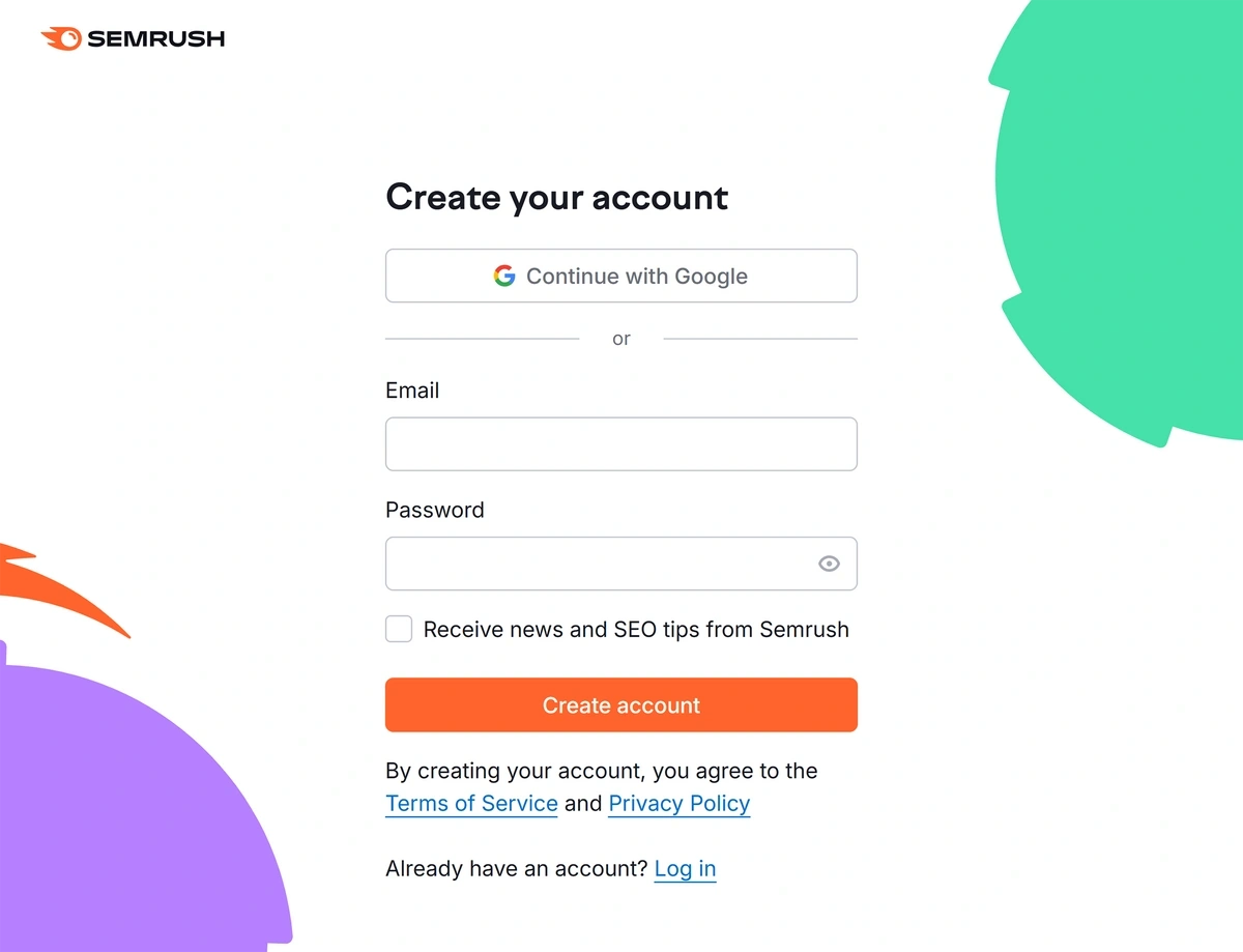 Semrush signup page