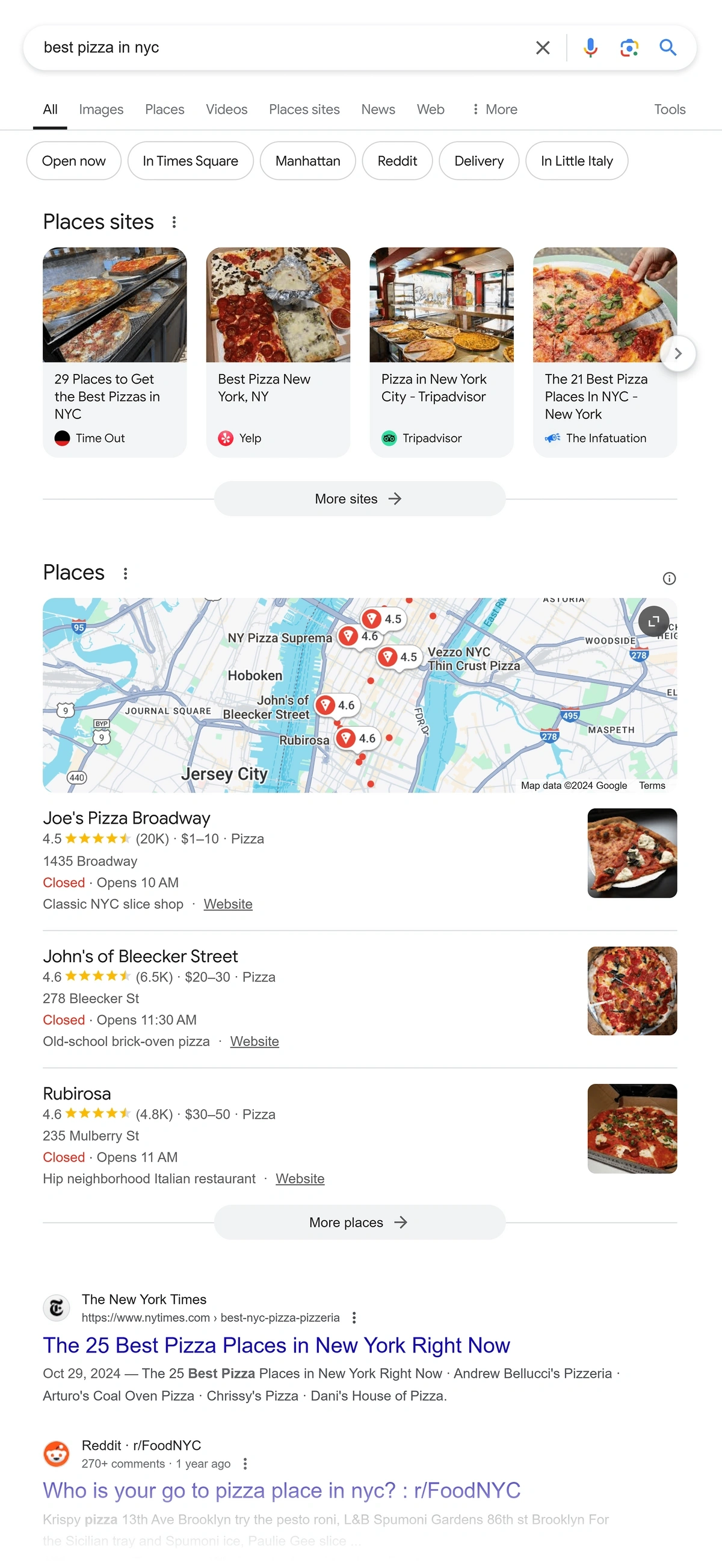 Google SERP – Best pizza in NYC