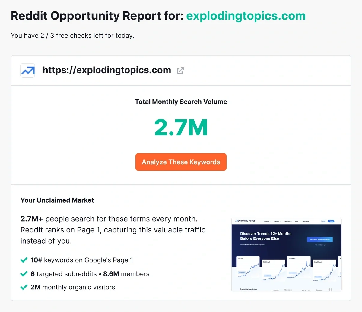 Reddit Opportunity Report for explodingtopics.com