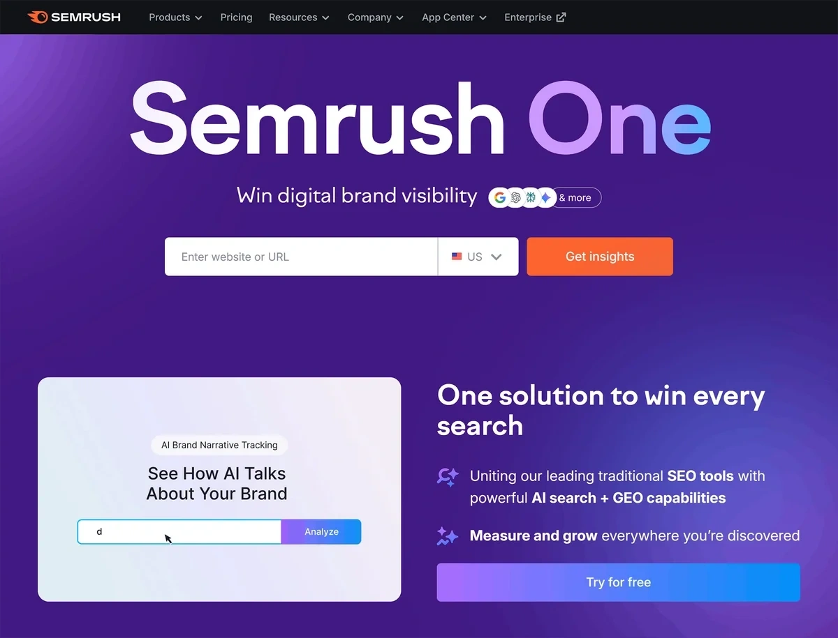 The purple and orange Semrush homepage details solutions to win search