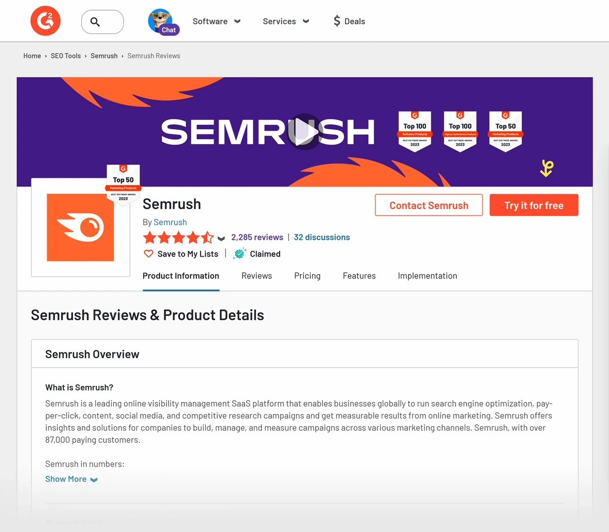 G2 software review page for the Semrush platform