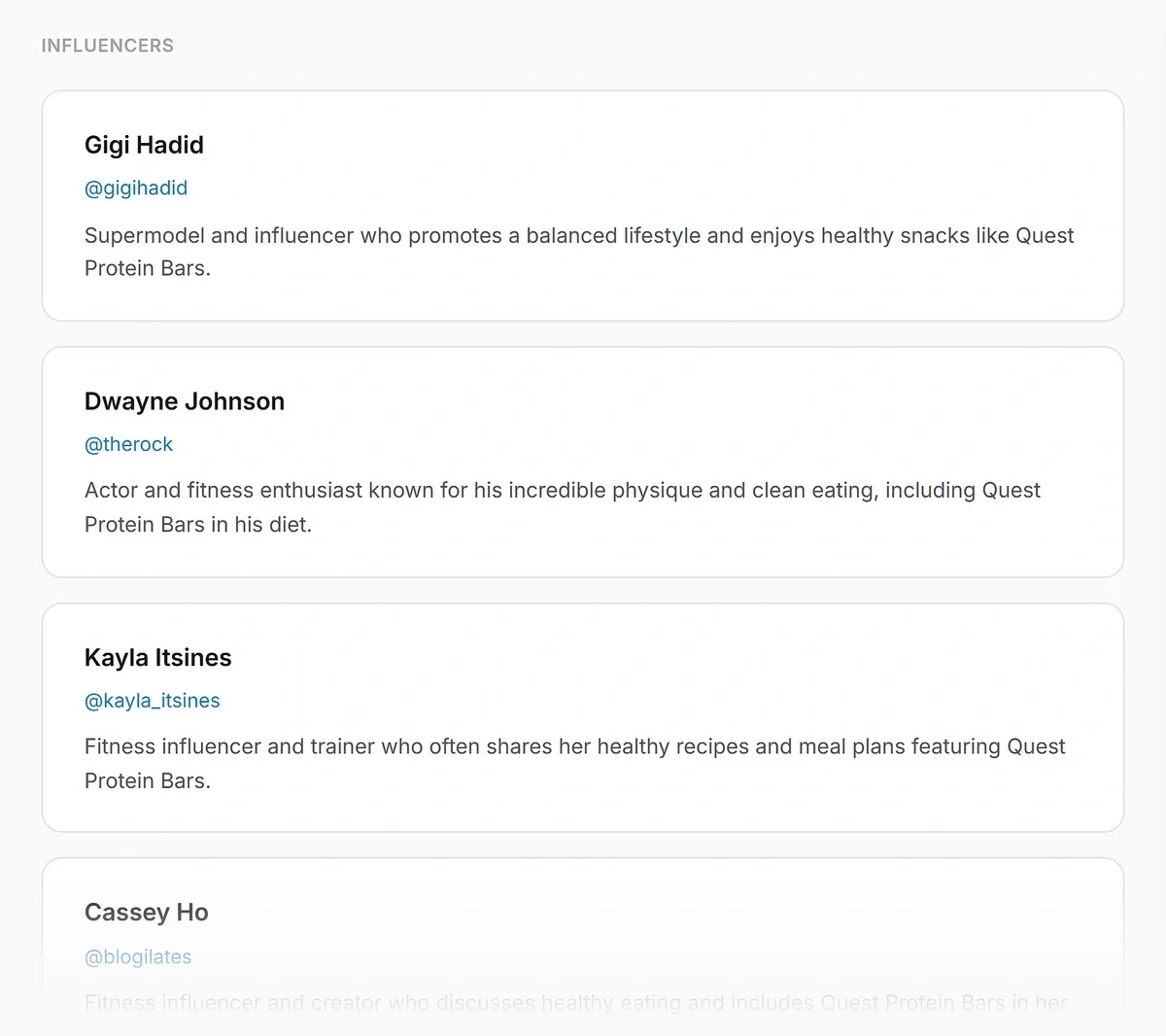 Treendly's list of influential users talking about a trend on social media