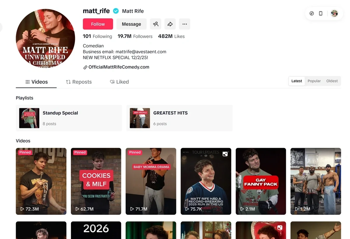 Screenshot of Matt Rife's TikTok page