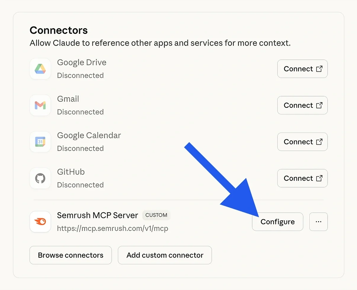 Claude connectors configuration settings