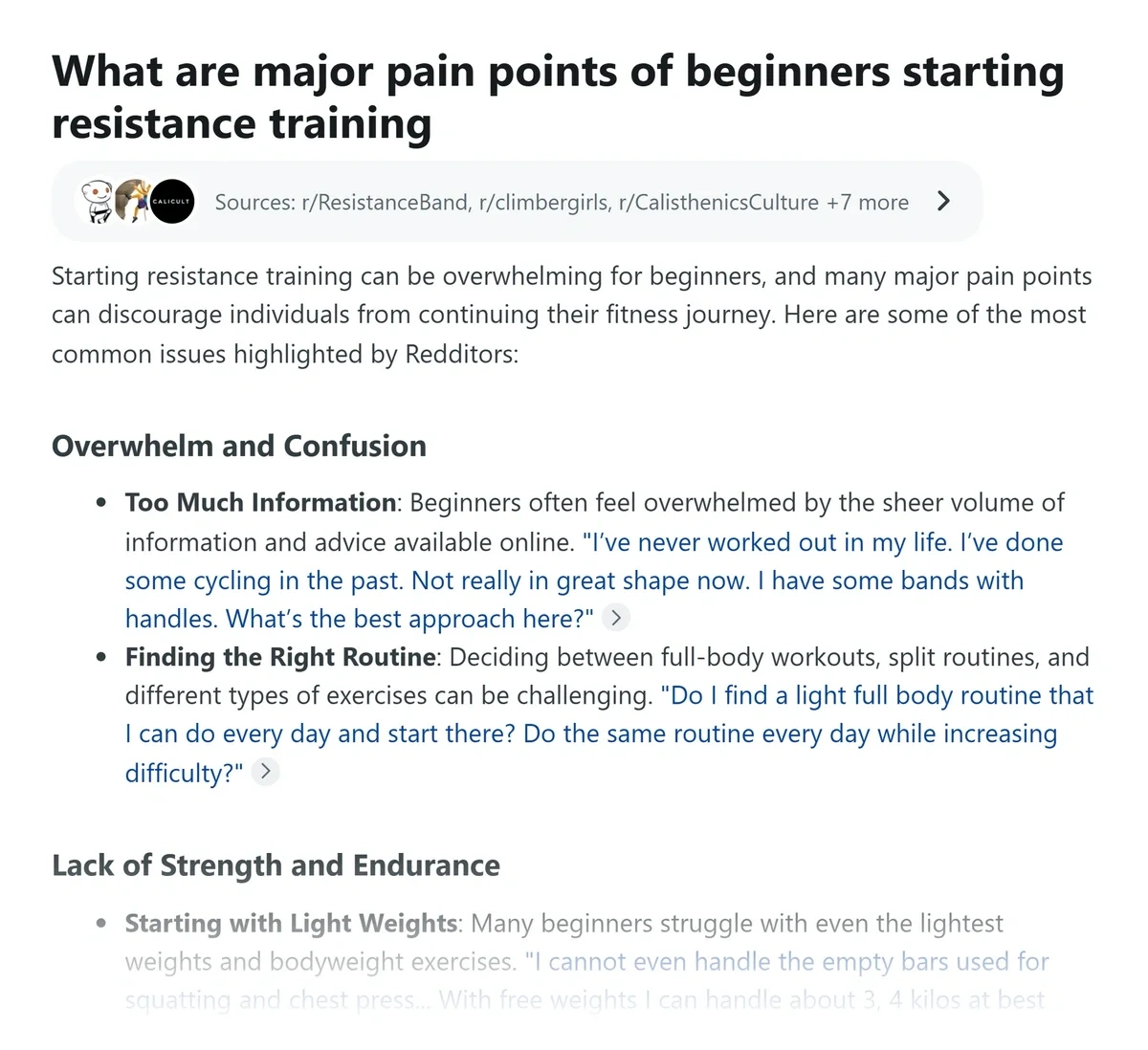 Reddit Answers with pain point analysis based on user comments