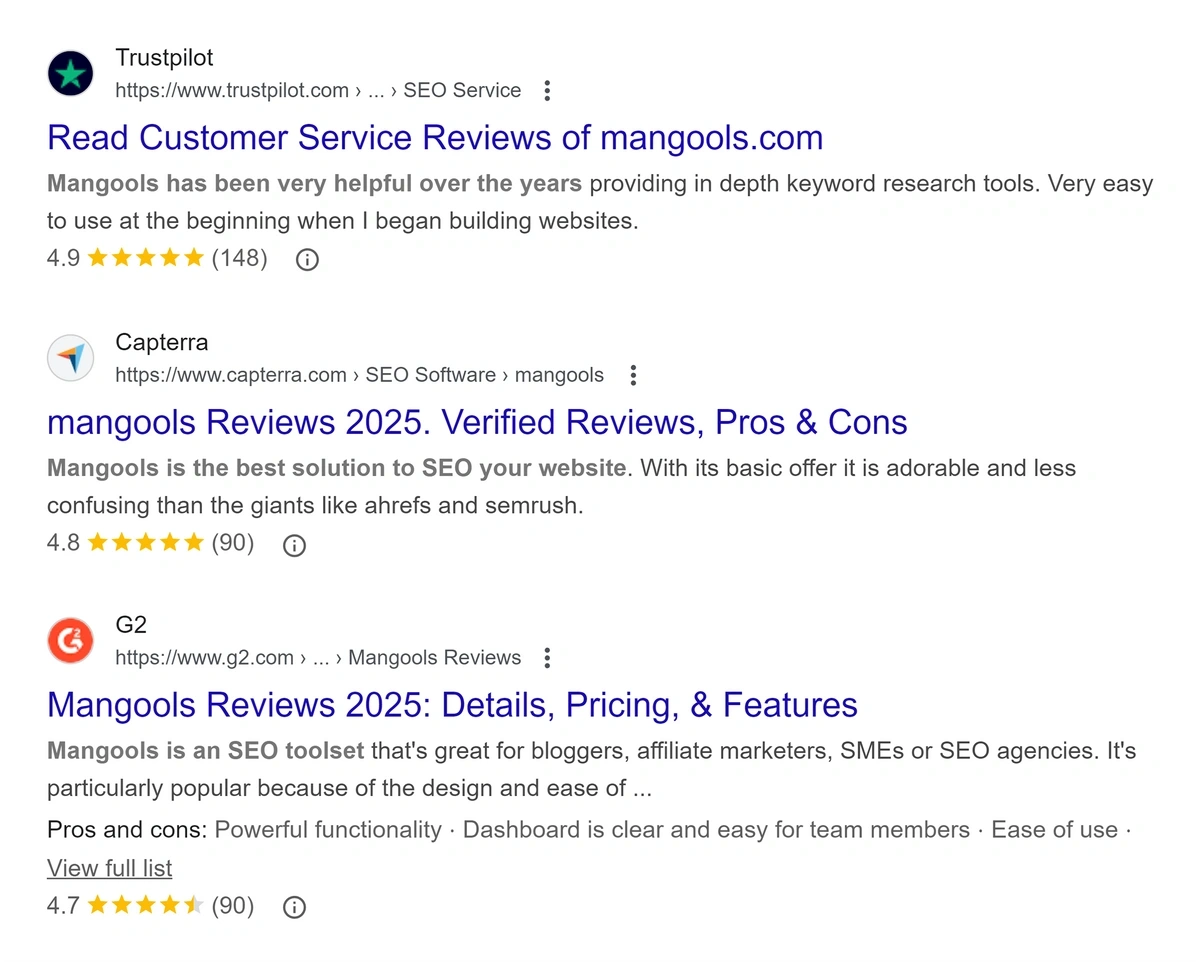 Mangools ratings: 4.7 on G2, 4.9 on Trustpilot, 4.8 on Capterra