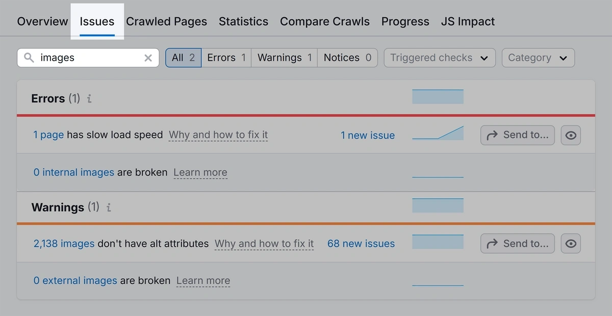 search image issues in site audit tool shows pages with slow load speed, broken image, missing alt attributes