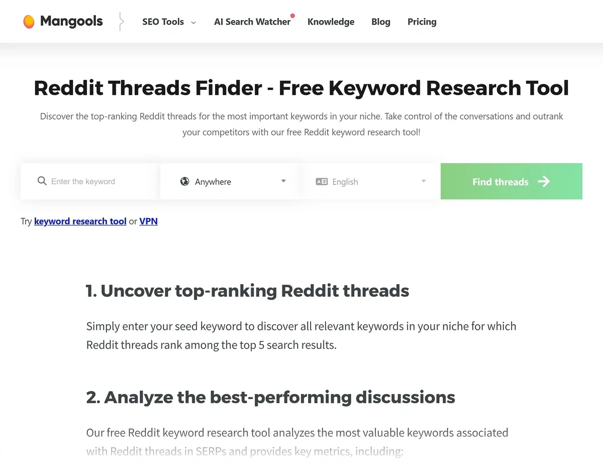 The Mangools Reddit Threads Finder landing page includes a search box to start research for free.