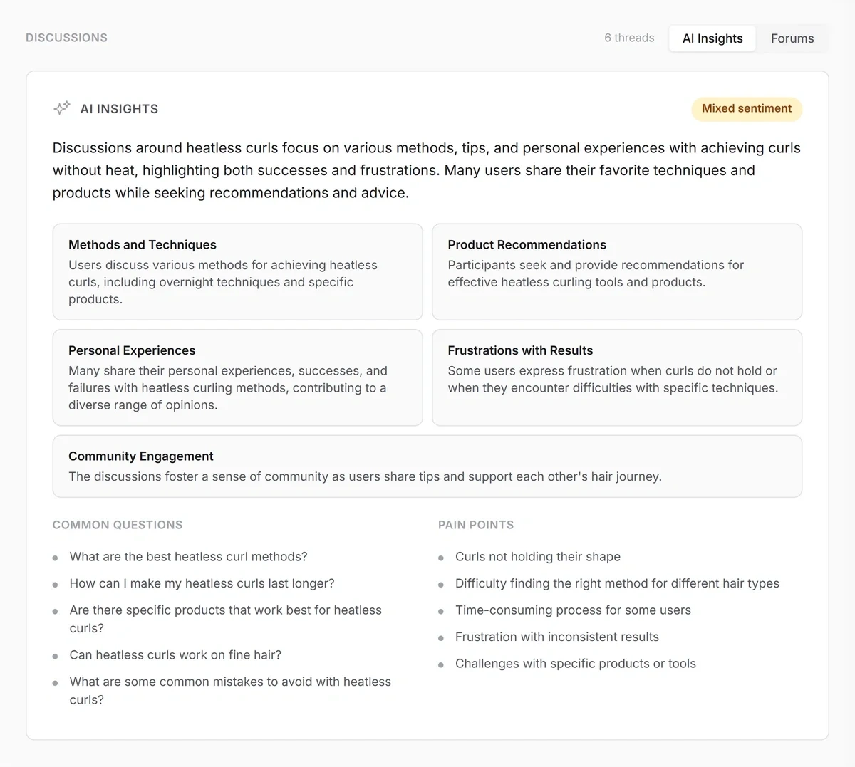 An example of AI insights and forum discussions making up sentiments around a topic