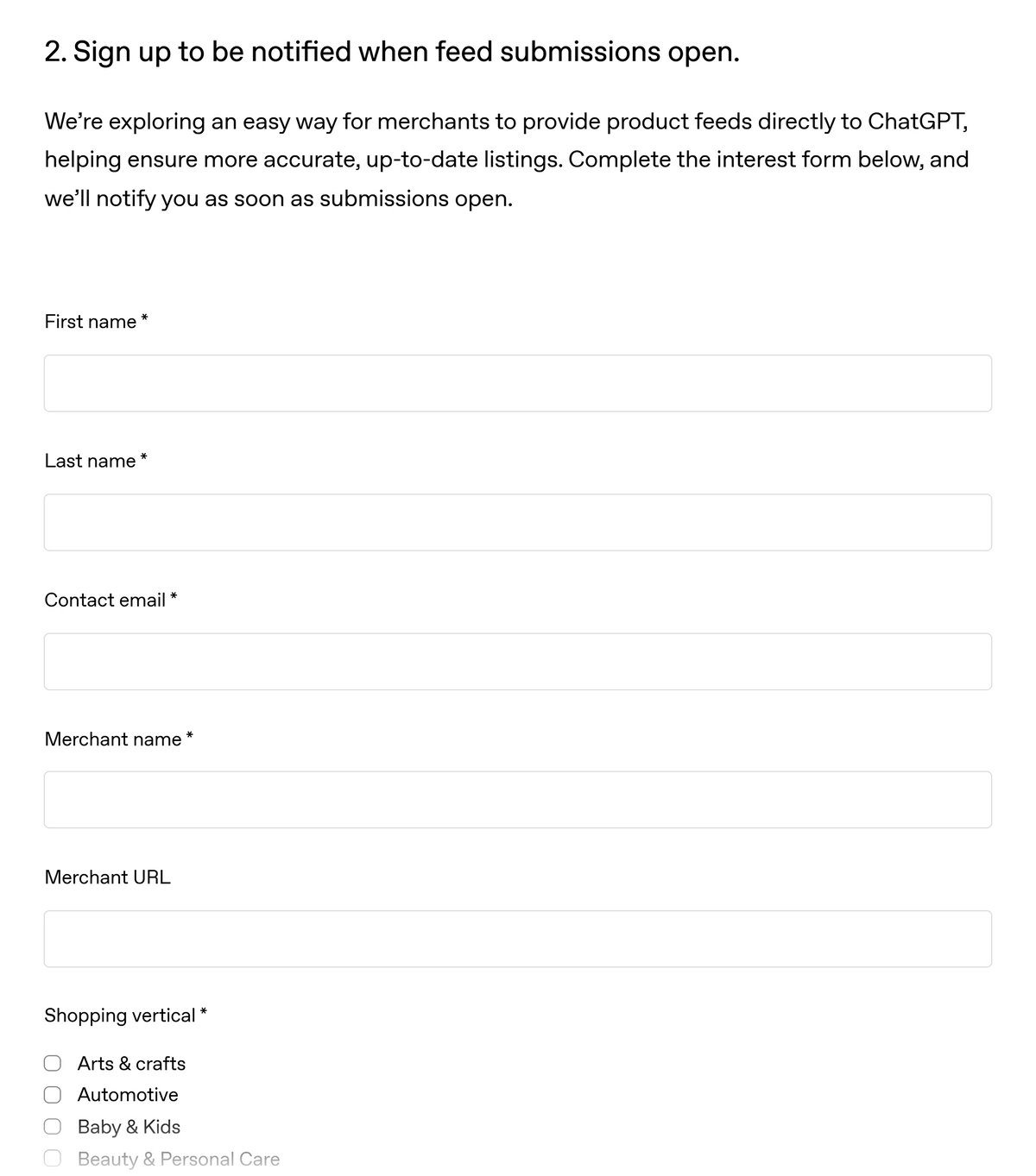 Signup form for ChatGPT's merchant product feeds
