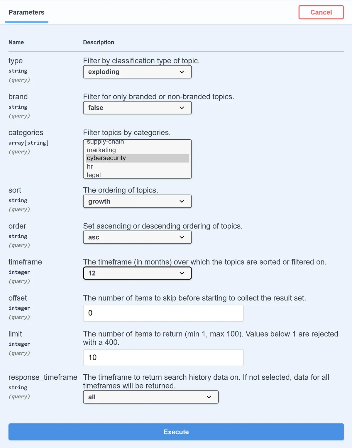 Exploding Topics API request parameters