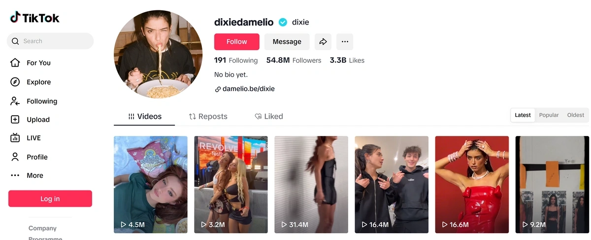 Screenshot of Dixie D'Amelio's TikTok page