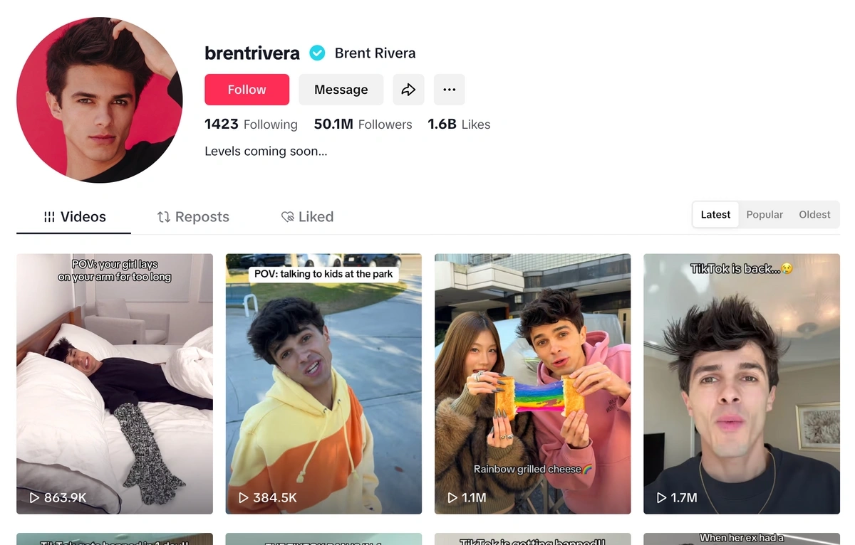 Screenshot of Brent Rivera's TikTok page