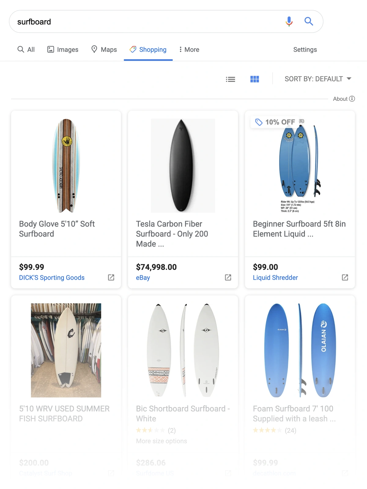 google shopping surfboard results