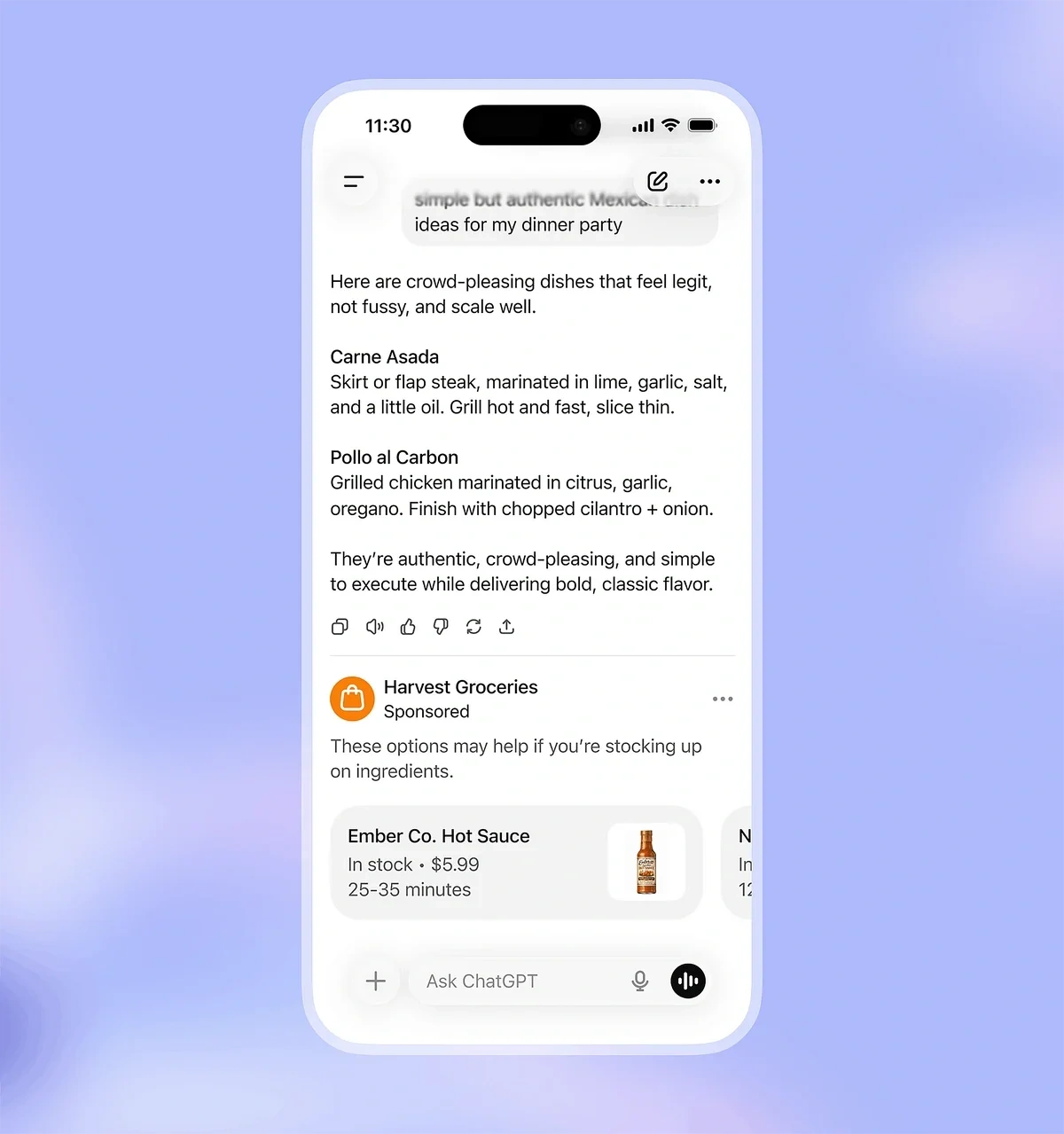 OpenAI mock-up of an ad within ChatGPT