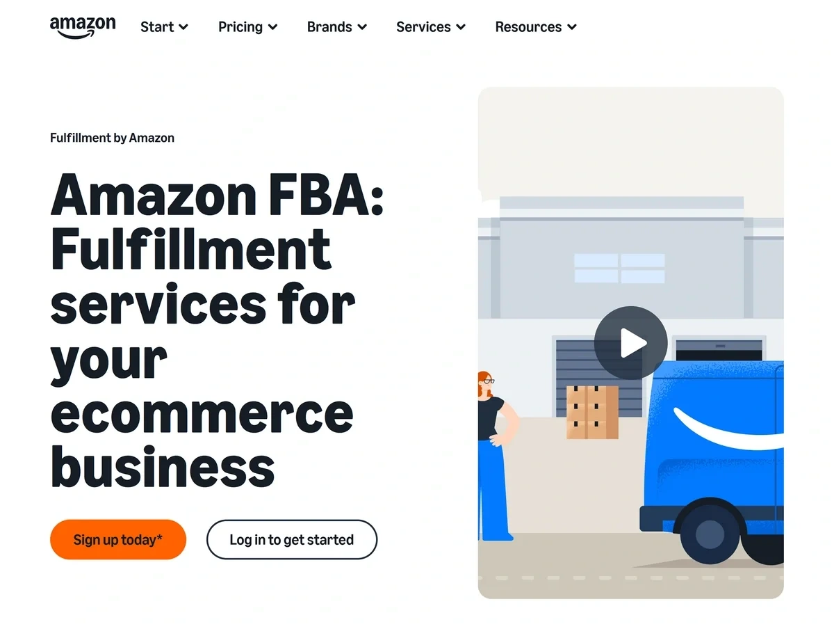 The Amazon FBA landing page shows a graphic of an Amazon truck along with information about cost savings for sellers.