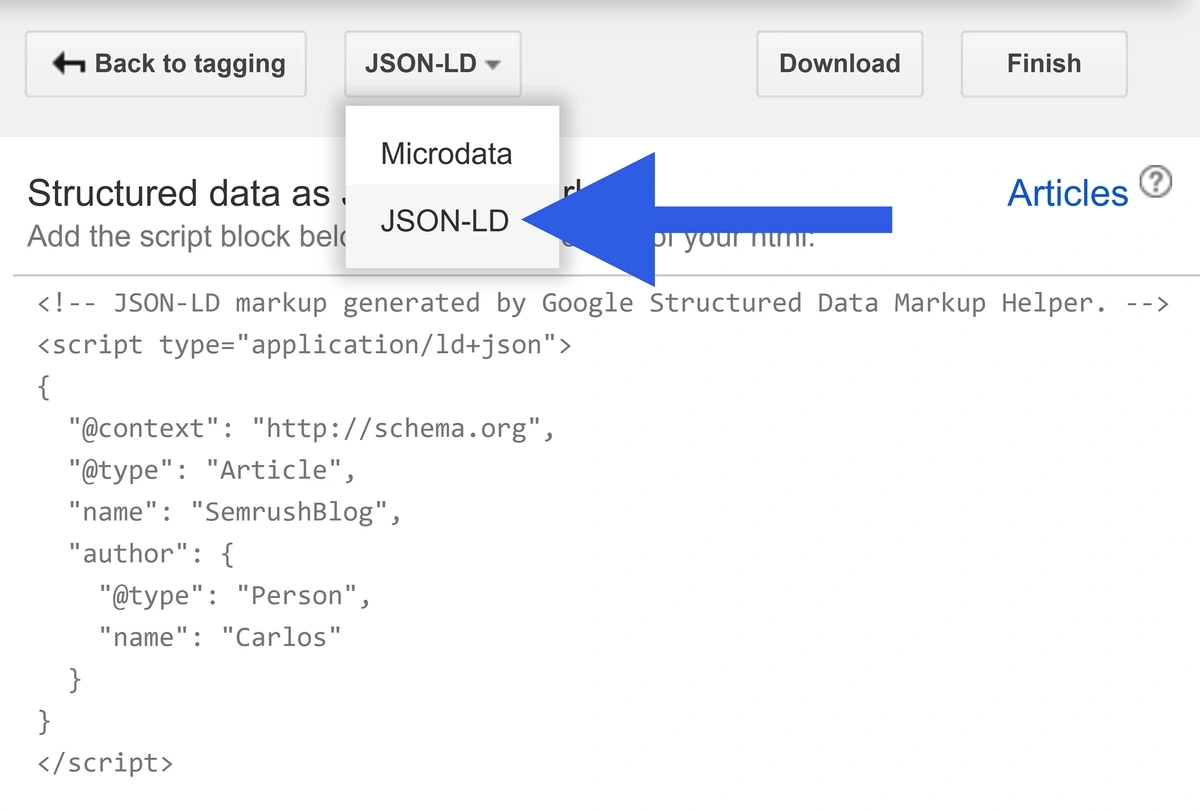 json-ld option highlighted rather than microdata