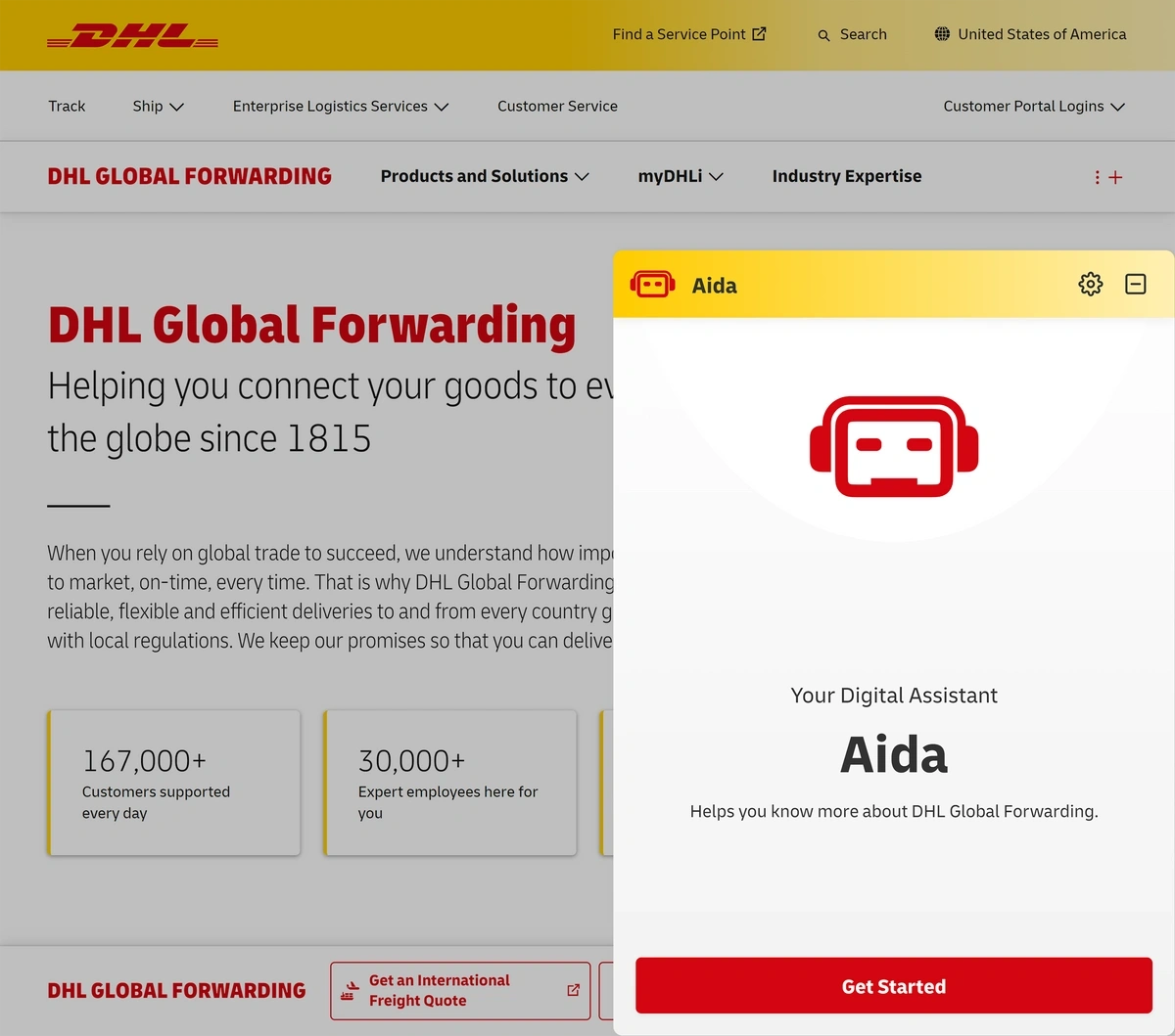 The DHL Global Forwarding site includes a digital assistant named "Aida" in the lower right corner of the page