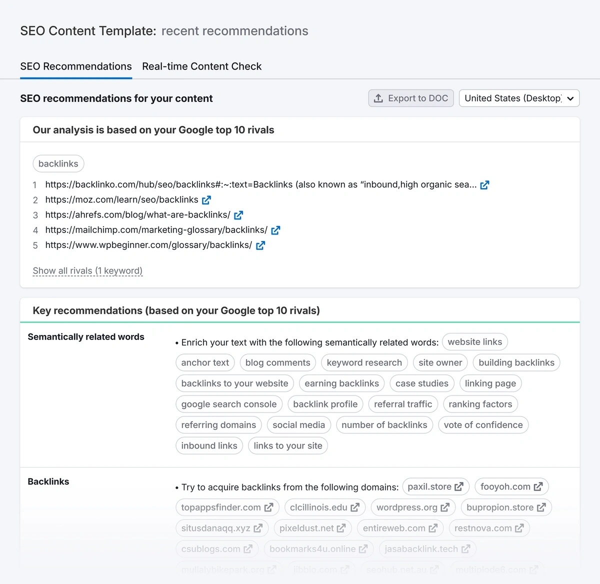 Semrush SEO Content Template key recommendations