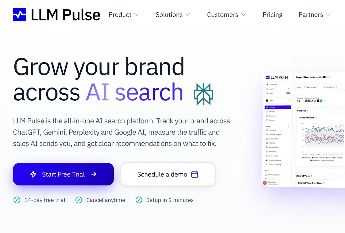 The LLM Pulse homepage says "Get your brand mentioned on AI search" next to a picture of a GEO report.