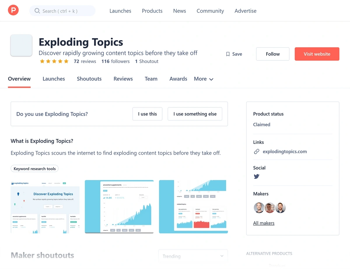 Exploding Topics on Product Hunt