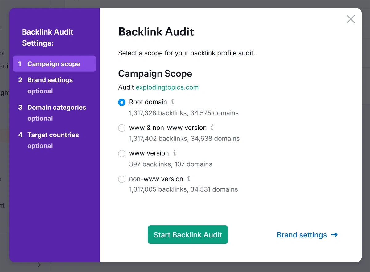 Starting a project in Semrush Backlink Audit