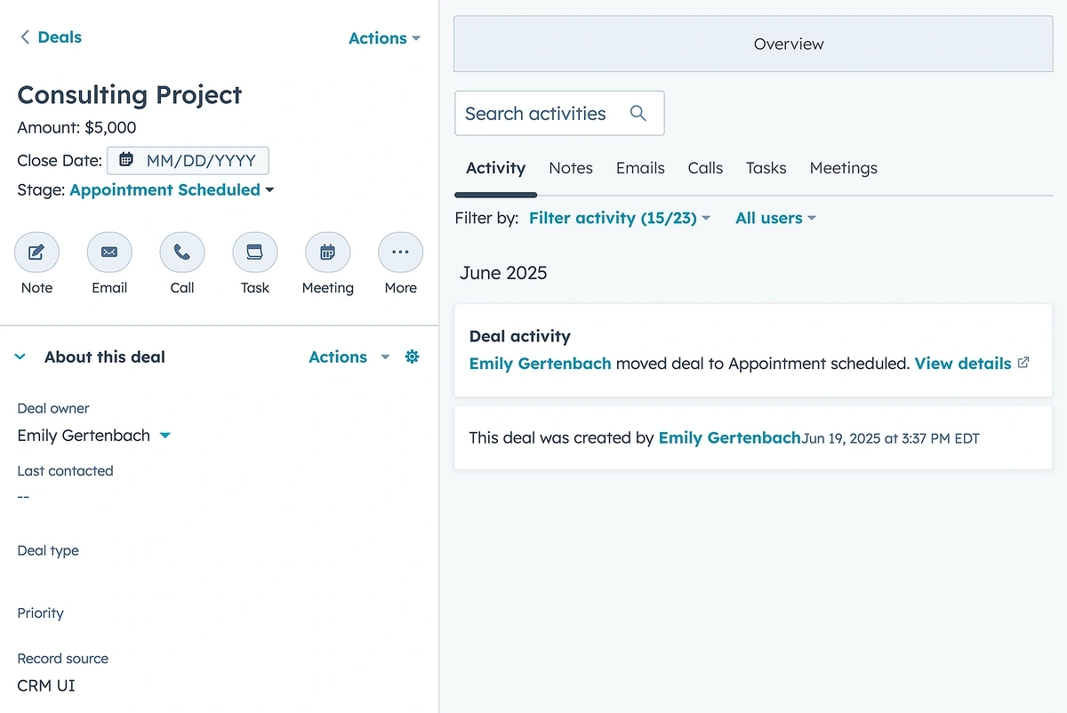 The HubSpot deal pipeline shows details of a consulting project
