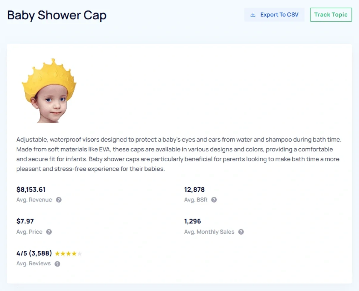 "Baby shower cap" product details on Exploding Topics