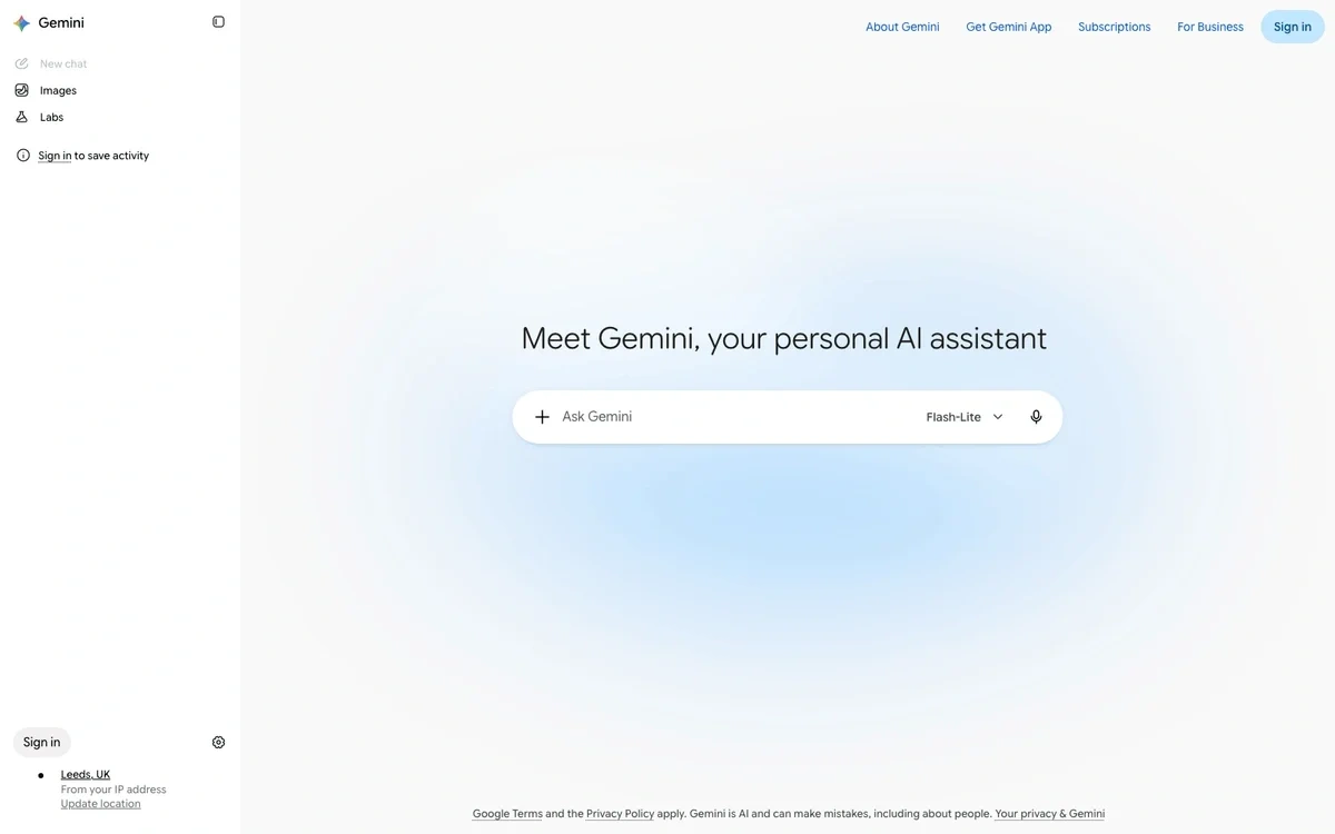 Screenshot of the Google Gemini homepage