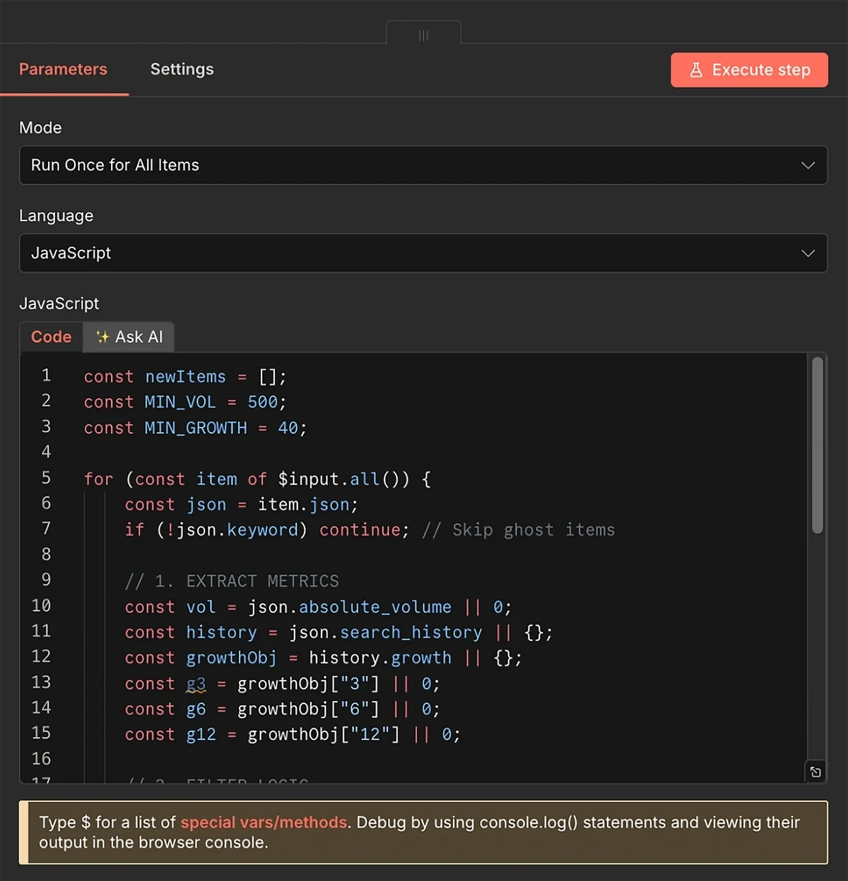 JavaScript code representing a volume and growth filter for topics