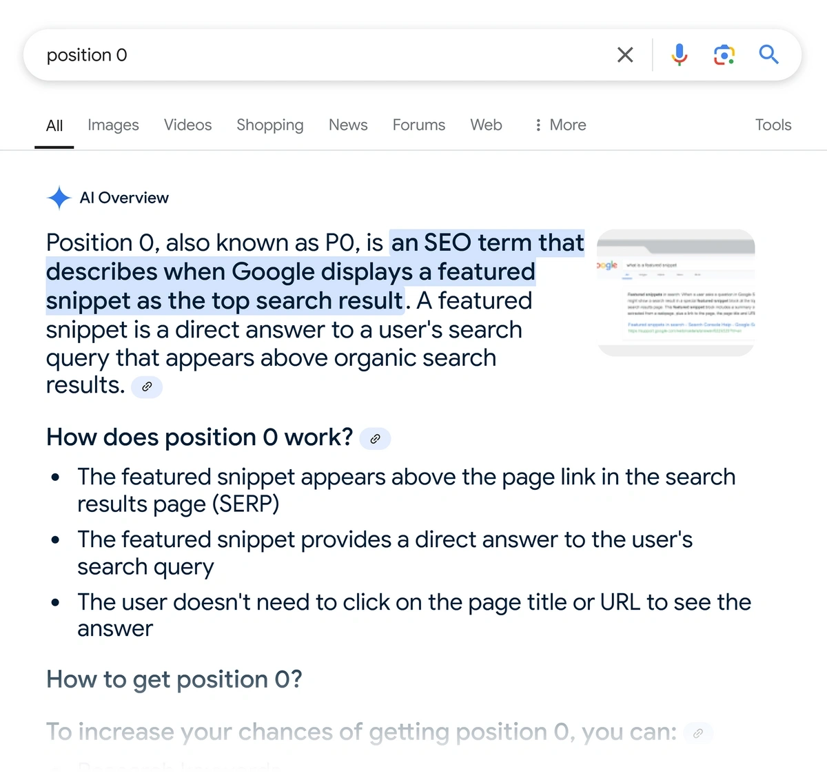 A Google AI overview provided to users who search for "position 0"