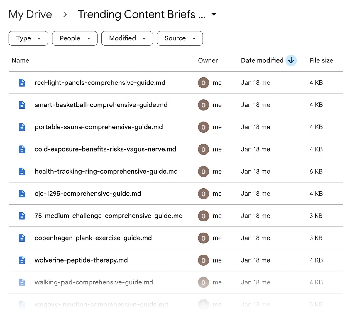 Example of a Google Driver folder with content briefs generated and uploaded automatically