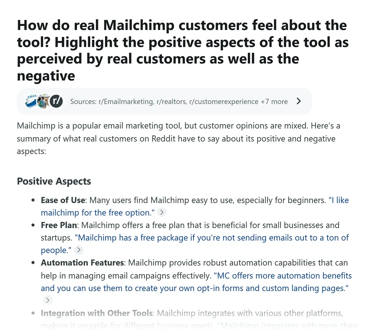Reddit Answers AI summarizing Mailchimp customer sentiments