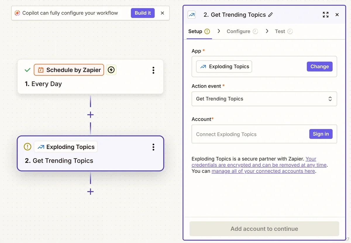 Selecting an Exploding Topics action event in the Zapier workflow builder