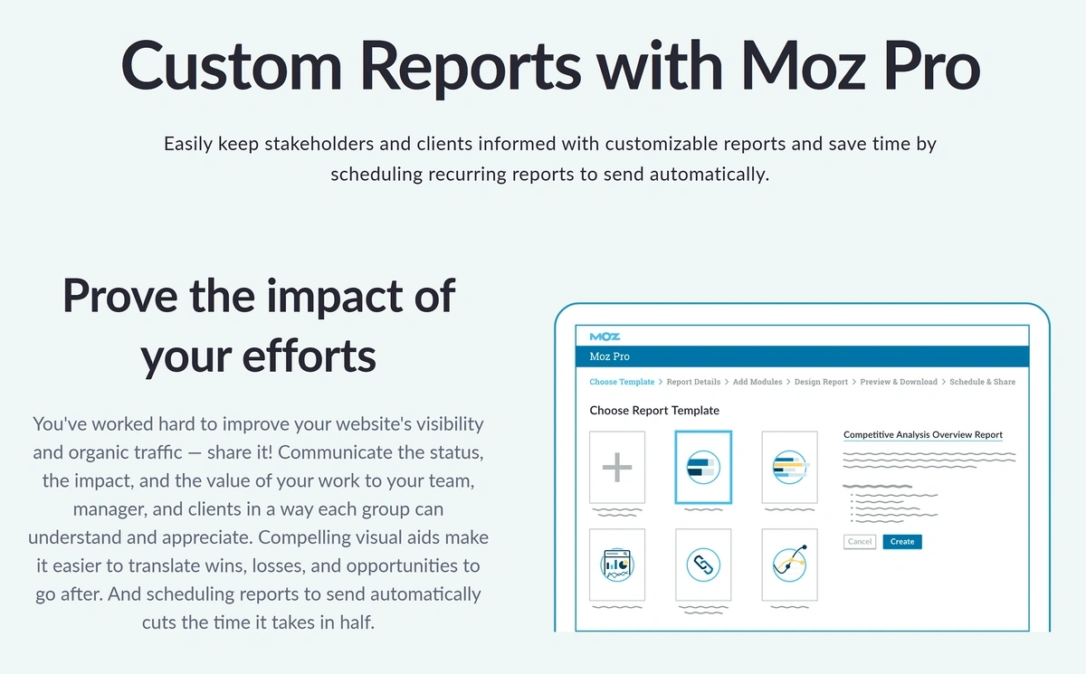 A Moz landing page that says "Custom Reports with Moz Pro"