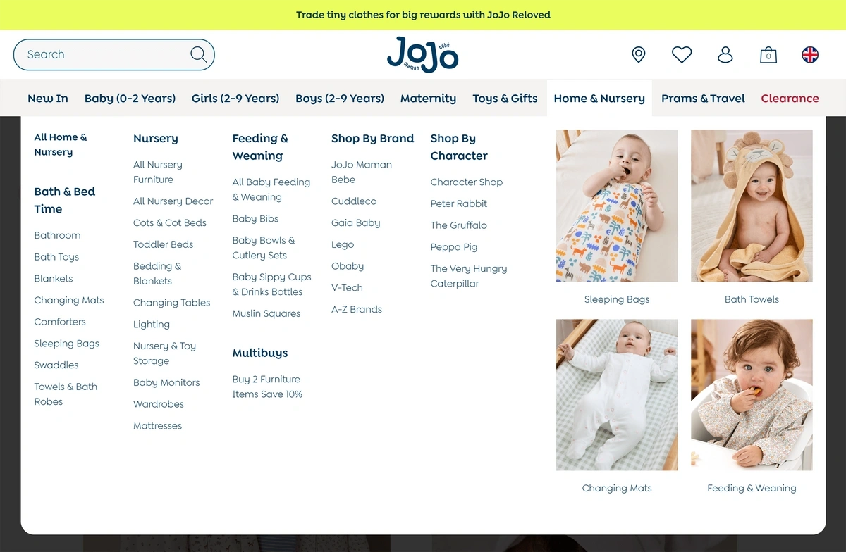 Example of product categories in e-commerce navigation